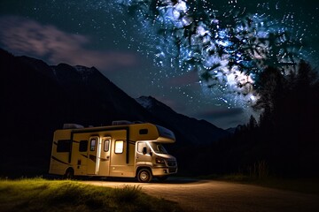 Enjoy tranquil retirement in cozy motorhome amidst starry night amidst mountains for perfect relaxation and recreation. Generative AI