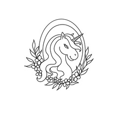 Unicorn line style illustration black and white coloring book