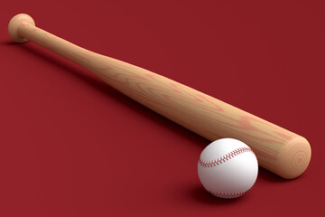 Wooden professional softball or baseball bat and ball on red background