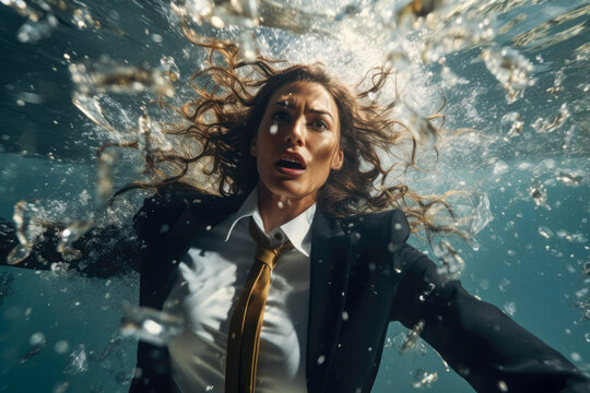 Generative AI illustration of frustrated female entrepreneur in elegant suit underwater with mouth opened and looking away