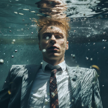 Generative AI illustration of exhausted male entrepreneur in elegant suit underwater while looking at camera