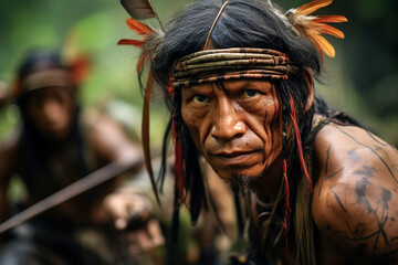 Generative AI illustration of an indigenous man with tribal tattoos and feathered headgear looking at camera while standing against lush forest background