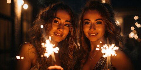 Obraz na płótnie Canvas Radiant Friendship: Group of Friends Share Joy and Sparkle with Sparklers Illuminating the Night