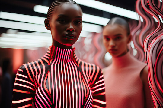 Generative AI image of futuristic fashion models in neon wave se