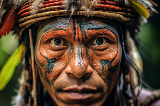 Generative AI illustration of an indigenous man with tribal tattoos and feathered headgear looking at camera while standing against lush forest background