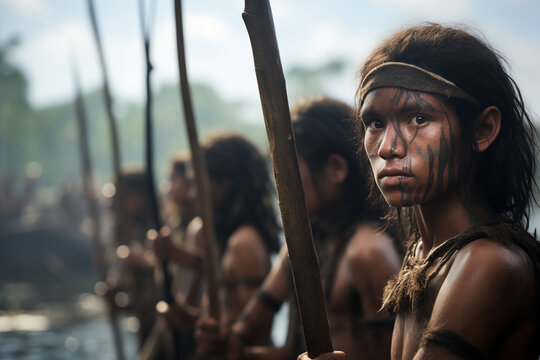 Side view of generative AI image of a young indigenous girl from the Amazon rainforest holding a spear, with fellow tribe members in the background