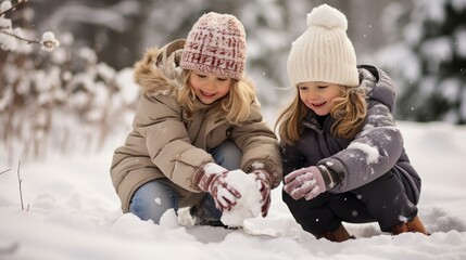 Fototapeta na wymiar Two beautiful girls making snowballs