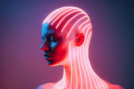 Generative AI Image Of Woman Wearing Illuminated Cable Headset With neural connections
