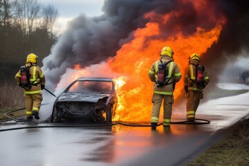Firefighters extinguish a burning car on the road. fire