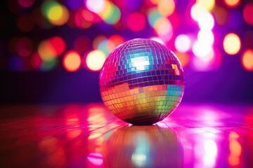 Fototapeta na wymiar Disco ball against bright lights background.