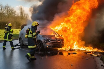 Firefighters extinguish a burning car on the road. fire - obrazy, fototapety, plakaty