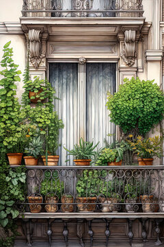 Generative AI image of an ornate balcony adorned with lush green plants and potted succulents outside a classic architectural facade