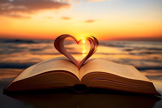 Heart from a book page against a beautiful sunset..
