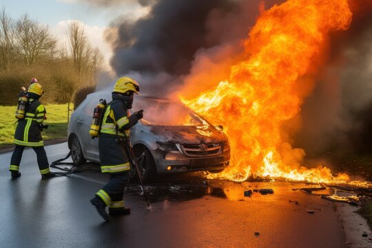 Firefighters extinguish a burning car on the road. fire