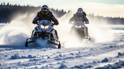 Two people riding on a snowmobile through the snowy frozen lake with snow floating from the speed