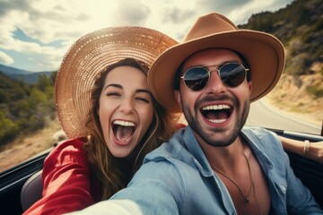 young happy couple in love newlyweds traveling on vacation taking selfie