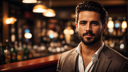 Obraz premium Immerse yourself in the world of socializing with this image of a confident man at the bar, encapsulating the essence of a lively night out