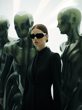 A sleek woman in dark attire and sunglasses stands confidently among reflective green humanoid figures, emphasizing a futuristic and tech-inspired atmosphere. Generative AI.