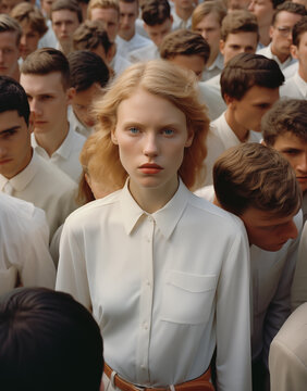 A captivating young woman with fiery red hair and piercing blue eyes stands amidst a uniform crowd of men in white. Her individuality shines brightly. Generative AI.