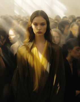 A young woman stands in sharp focus amidst a blurred crowd, bathed in soft golden light. Her confident gaze captures attention, while her yellow attire complements the ethereal setting. Generative AI.