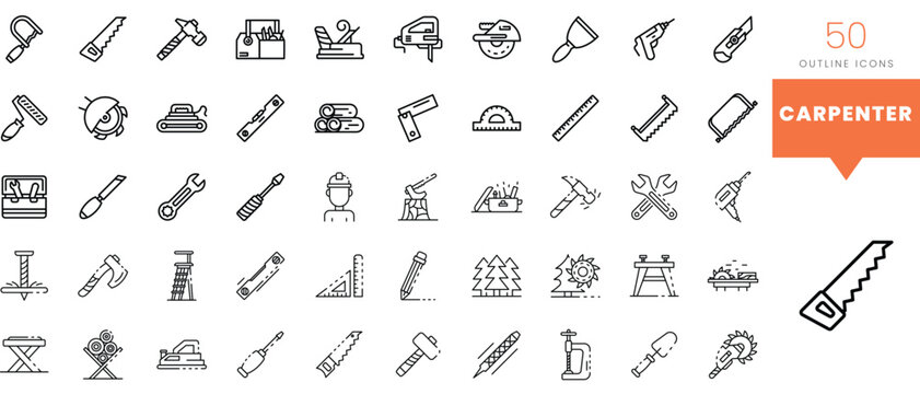 Set of minimalist linear carpenter icons. Vector illustration