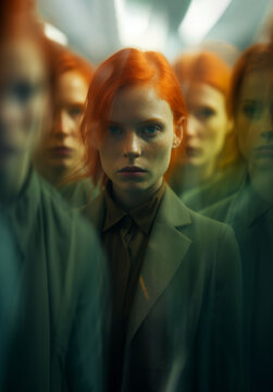 Mysterious woman with vibrant orange hair stands amidst layered reflections, emanating an ethereal aura in a dimly lit corridor. Generative AI.