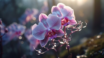 A radiant Obsidian Orchid glistening in the morning dew, its petals unfolding in the first light of dawn.