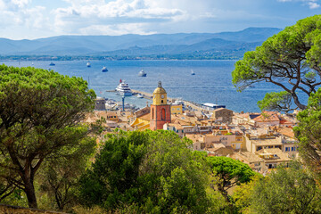 View from a mountainside over a bay of Saint Tropez, France.