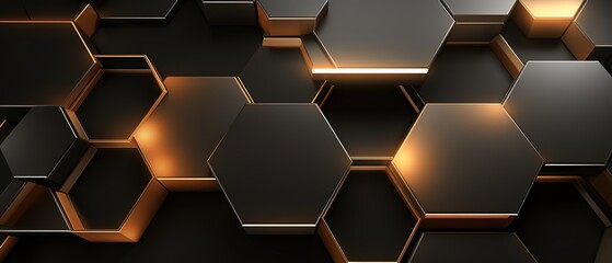 Abstract futuristic luxurious digital geometric technology hexagon background banner illustration 3d - Glowing gold, brown, gray and black hexagonal 3d shape texture wall - obrazy, fototapety, plakaty