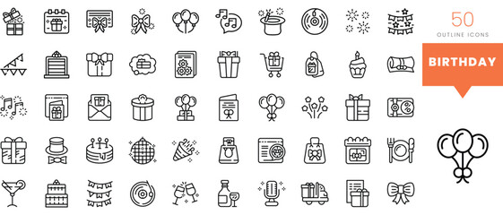 Set of minimalist linear birthday icons. Vector illustration