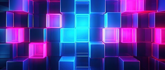 Abstract geometric pink blue neon light 3d texture wall with squares and square cubes background banner illustration with glowing lights - obrazy, fototapety, plakaty