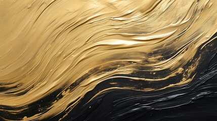 Abstract gold black acrylic painted fluted 3d painting texture luxury background banner on canvas - Golden waves swirls - obrazy, fototapety, plakaty