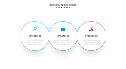 Timeline infographic with infochart. Modern presentation template with 3 spets for business process. Website template on white background for concept modern design. Horizontal layout.