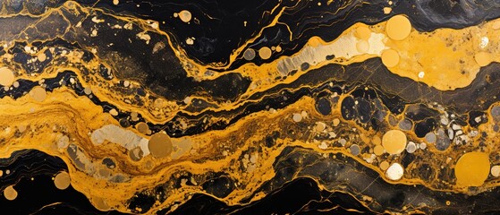 Abstract marble marbled marble stone granite texture luxury background banner - Black yellow waves swirls gold painted splashes lines