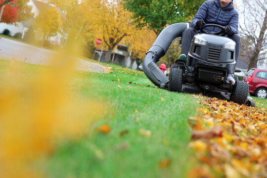 Mowing the grass with a lawn  tractor mower in sunny autumn. Gardener cuts the lawn in the garden