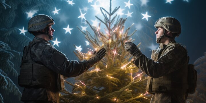 Soldiers of Unity: Russian and Ukraine Flags Embrace Christmas Harmony Under a Shining Star