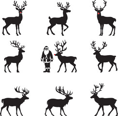 Santa's Reindeer Silhouettes Stock Vector Set  - Christmas Reindeer Cutouts Bundle with Rudolph the rednose Reindeer- PNG, EPS, SVG and Illustrator AI