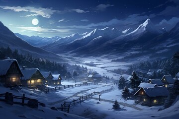 Snowy village by mountains and trees under a full moon at night. Generative AI