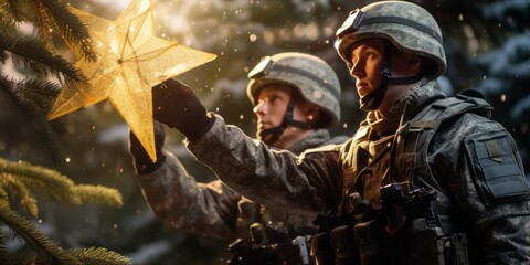 Soldiers of Unity: Russian and Ukraine Flags Embrace Christmas Harmony Under a Shining Star - obrazy, fototapety, plakaty