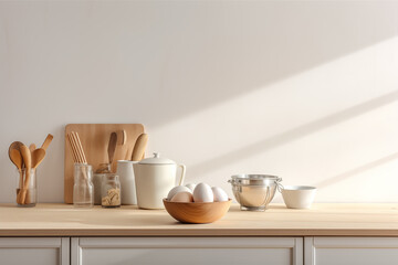Wooden kitchen counter with a potted plant, eggs, and bowls.