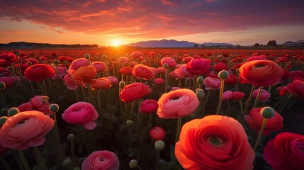 A radiant sunset illuminating a field of Ranunculus flowers, the scene captured in stunning