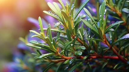 A Rainbow Rosemary plant bathed in soft sunlight, its leaves glistening with dewdrops.