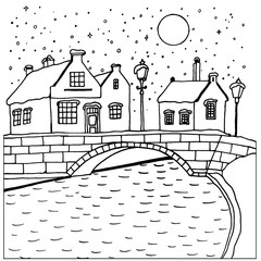 Cozy country houses in the winter season under the moon and stars. Vector illustration in the style of doodles.