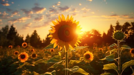 A breathtaking Solstice Sunflower during the golden hours of sunset, with warm hues and long...