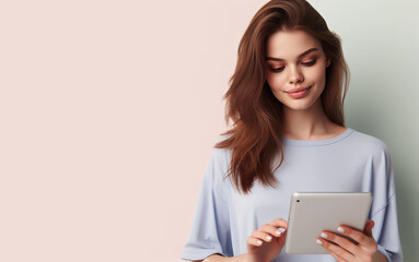 Portrait of a beautiful young woman using smart tablet, pad for online shopping, education, learning on a pastel background. Copy space for text, advertising, message, logo