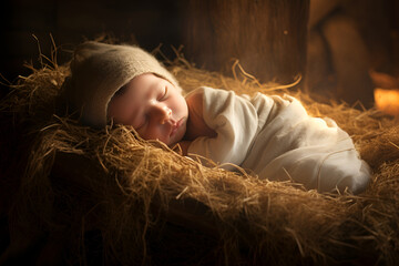 Baby Jesus lies in the manger, nestled on a bed of hay, symbolizing the Nativity of Jesus