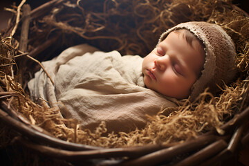 Infant Jesus rests in a manger on a bed of hay, depicting the Nativity scene - obrazy, fototapety, plakaty