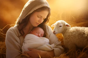 Fotobehang Mary with her newborn son and lamb in the hay, Nativity of Jesus © Alina