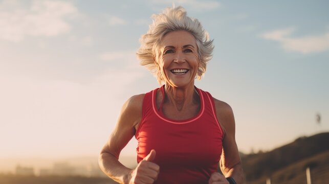 White senior woman going for a run and living a healthy lifestyle for longevity, generative ai.