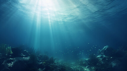 Fototapeta na wymiar Underwater scene of a ocean depths in blue tones as frame or background 
